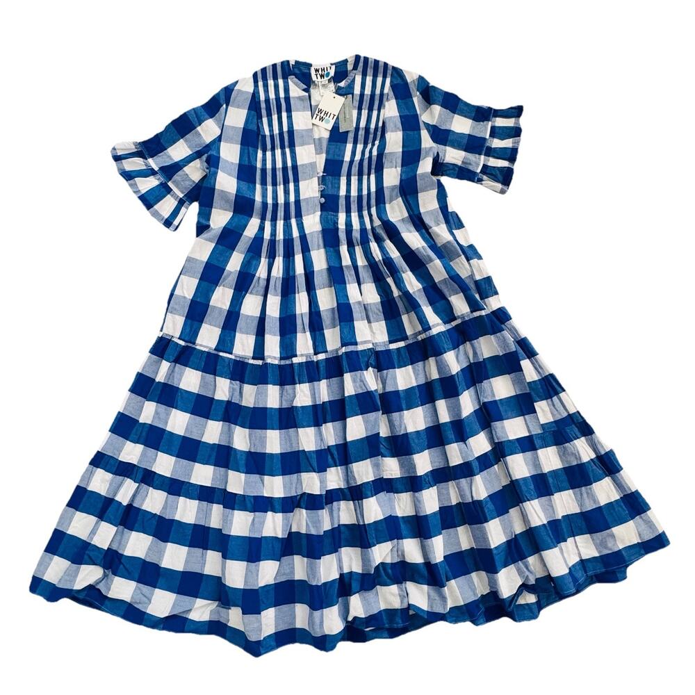 New Anthropologie WHIT TWO Blue Gingham Tiered Dress L Petite $228 NWT